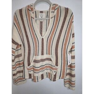 Billabong Striped Knit Hooded‎ Pullover Sweater Womens Small Cream Coral Black